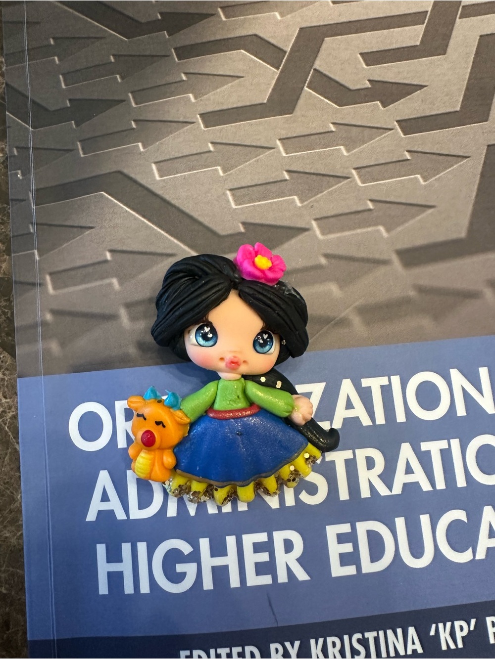 Cute Blue-Skirt clay Doll Magnet with Pink Flower and Orange Teddy